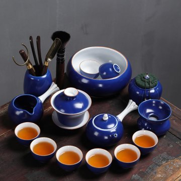 红色陶瓷功夫茶具套装家用中国风中式茶壶盖碗茶杯茶道客厅泡茶器霁蓝