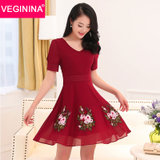 VEGININA 韩版时尚气质修身收腰雪纺连衣裙 9517(红色 M)