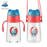 杯具熊联名款拎背两用儿童吸管水杯380ML蓝精灵 安全材质，带刻度线可泡奶，防喷吸管
