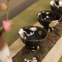 景德镇陶瓷茶杯 镶银荷叶茶碗品茗杯子窑变建盏功夫创意茶具建盏茶碗平水(禅尊-荷塘月色 其他)