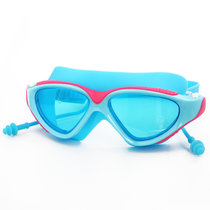 舒漫新款泳镜防水防雾大框男士女士带一体耳塞平光透明游泳眼镜(湖蓝粉)