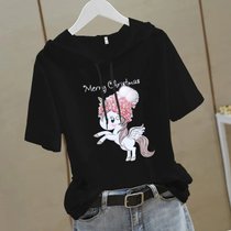 SUNTEK2022年春夏季新款白色连帽短袖t恤女宽松半袖印花纯色ins上衣服(M 黑色小马)