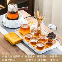 日式玻璃茶具套装耐热泡茶器家用客厅会客小型茶壶功夫茶茶杯小套(白色《几何》电陶炉+侧把11件套+大长方形密胺茶盘 默认版本)