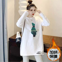 SUNTEK长袖白色t恤女秋冬洋气中长款ins打底衫2022春秋新款宽松上衣(XL 加绒款【绿色人物】)