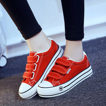 新款魔术贴帆布鞋女懒人内增高布鞋百搭平底韩版学生板鞋松糕红色36