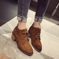 短靴女2017秋季单靴英伦时尚系带马丁靴粗跟靴磨砂皮高跟踝靴(39)(浅棕色)