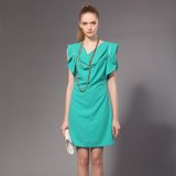 菲特丽2013夏装新款 欧美短袖荷叶袖纯色修身 连衣裙 女装318301(青绿 S)