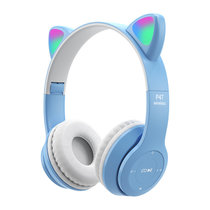 新款P47M猫耳朵发光头戴式蓝牙耳机卡通学生儿童可插卡有线耳机(蓝色 P47M蓝牙耳机)