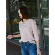 2018新款韩版短袖雪纺衬衣女士V领中长款雪纺衫宽松上衣(粉红色)