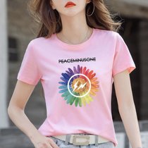 棉 T恤女夏季印花设计感体恤衫修身显瘦上衣韩版女装(彩色雏菊【粉色】 3XL)