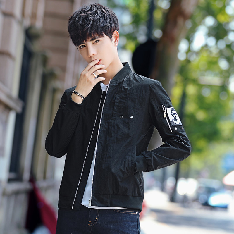 男士外套夏季薄款韩版潮流修身帅气上衣服外衣青年学生青少年夹克黑色