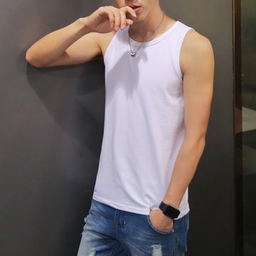 砍袖背心男纯棉修身型韩版潮流夏季无袖t恤宽松学生体恤血桖男生(白色