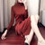 2018新款打底针织红色连衣裙秋冬中长款长袖裙子韩版气质休闲装女(71028高领焦糖色 XL)