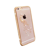 亿和源iPhone7手机壳6SPlus电镀TPU天鹅孔雀贝壳带钻软壳(金孔雀i7p+支架膜)