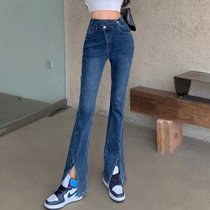 MISS LISA春装新款牛仔裤修身高腰斜扣开叉微喇牛仔裤0201(蓝色 L)