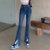 MISS LISA春装新款牛仔裤修身高腰斜扣开叉微喇牛仔裤0201(蓝色 L)