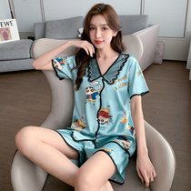SUNTEK冰丝睡衣女夏2022年新款春秋短袖短裤薄款套装家居服女士甜美可爱(XT-895)