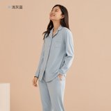 2022新款棉针织翻领长袖长裤情侣睡衣套装(浅灰蓝（女款） 155)