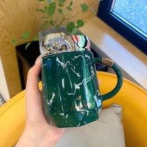 创意情侣陶瓷马克杯高档办公室带盖喝水杯子高颜值大容量早餐杯(绿色450ml)