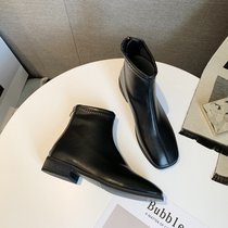 SUNTEK网红切尔西小短靴女2021新款韩版百搭女靴平底黑色马丁靴秋季女鞋(39 黑色)