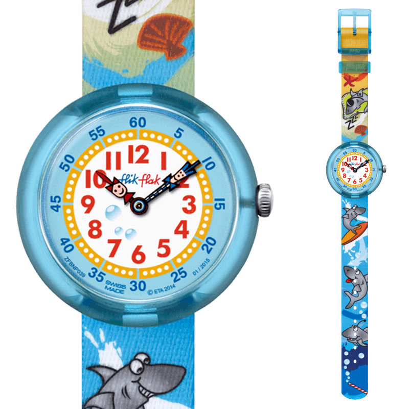斯沃琪 swatch手表 飞菲童表系列 石英儿童手表 度假的小鲨鱼zfbnp039