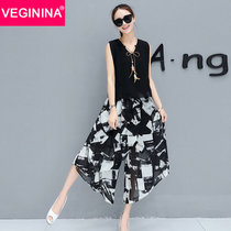 VEGININA 新款时尚印花雪纺七分阔腿裤两件套 D6039(黑色 XXL)