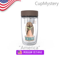美国cup mystery商务卡通仿皮纹杯盖不锈钢茶隔双层高硼硅玻璃杯(棕盖双层女孩抱熊 仿皮纹杯盖玻璃杯)