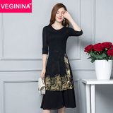 VEGININA 韩版修身显瘦中长款两件套连衣裙套裙 10058(黑色 M)