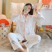 SUNTEK孕妇睡衣女春秋纱布月子服夏季薄款产后5月份4产妇哺乳两件套(纯棉坑条翻领仙人掌)