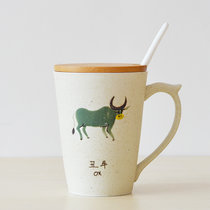 简约十二生肖陶瓷杯子创意马克杯带盖勺杯早餐杯(生肖牛+送盖勺杯垫)