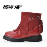 彼得潘童鞋 冬季保暖儿童靴子 加毛保暖女童鞋子 中帮童皮鞋(红色 32码)
