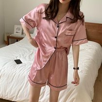 SUNTEK月牙城夏季冰丝睡衣女短袖长裤薄款春秋季开衫大码家居服两件套装(X粉色)