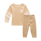 亚缇宝贝 男宝宝棕色假袖肩扣口袋长袖上衣+棕色两用档裤 6-9个月(棕色 6-9个月)