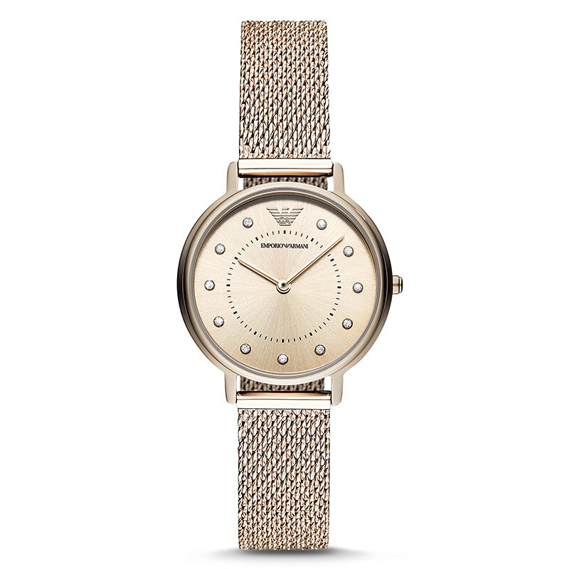 阿玛尼手表 简约时尚米兰编织钢带 石英表ar1956 玫瑰金女表(粉色)