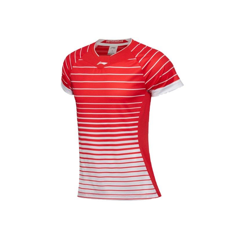 运动t恤李宁短袖女羽毛球服圆领条纹速干透气运动t恤比赛上衣团购夏装