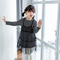 2019春季新品韩版条纹连衣裙假两件儿童公主裙(140 黑白条纹)