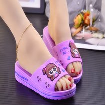 SUNTEK夏季韩版可爱娃娃拖鞋女士厚底卡通一字拖居家室内防滑坡跟凉拖鞋(39 紫色【偏小1-2码】)