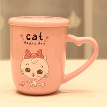 马克杯子陶瓷杯家用水杯创意潮流带盖勺可爱小猪少女心早餐杯礼品(表情猫拜手+盖380ML)