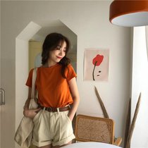 SUNTEK纯色短袖T恤女ins超火2022春季新款韩版网红泫雅打底衫白色上衣潮(均码 糖果桔)