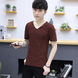 左岸男装 夏季新款韩版男士V领短袖T恤青年修身半袖T恤加大码上衣潮(酒红色 M)