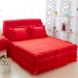 欧佩丹韩式公主风蕾丝边夹棉床裙单件防滑床垫保护套1.5m1.8米单双人席梦思加厚床罩(大红)