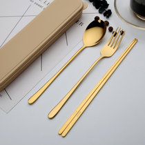 筷子勺子 304不锈钢餐具组合三件套学生便携餐具韩式叉子成人套装(炫钛金（勺+叉+筷子+卡其盒） 默认版本)