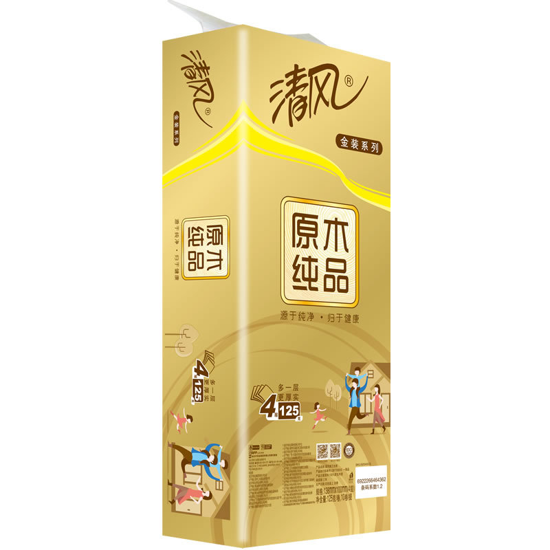 清风卷纸原木纯品金装系列4层加厚125克卫生纸10卷