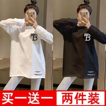 SUNTEK白色打底衫女内搭t恤女长袖2022年新款春秋中长款加绒上衣(L 两件装不加绒【199白+199黑】)