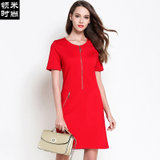 领米时尚 2017夏季女装新款欧美高端时尚大码显瘦短袖连衣裙C2681(红色 M)