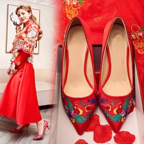 红色结婚鞋子2017新款春季新娘红鞋高跟绣花敬酒中式婚礼鞋踩堂鞋(37)(红色(7.5cm))