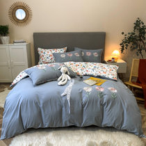 婵思水洗棉刺绣系列四件套 花卉系列 多尺寸床上用品套件(青薇 三件套TJWKZ02000340)