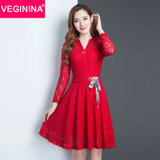 VEGININA 韩版气质修身中长款长袖蕾丝连衣裙女 10057(红色 M)