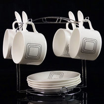 欧式陶瓷杯咖啡杯套装 金边 创意简约家用咖啡杯子碟勺带架子(经典方格套装)