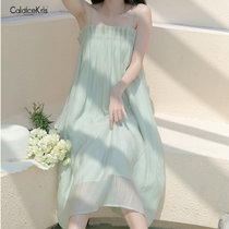 CaldiceKris （中国CK）法式森系设计感中长款压褶绿色吊带裙CK-FS7108(绿色)